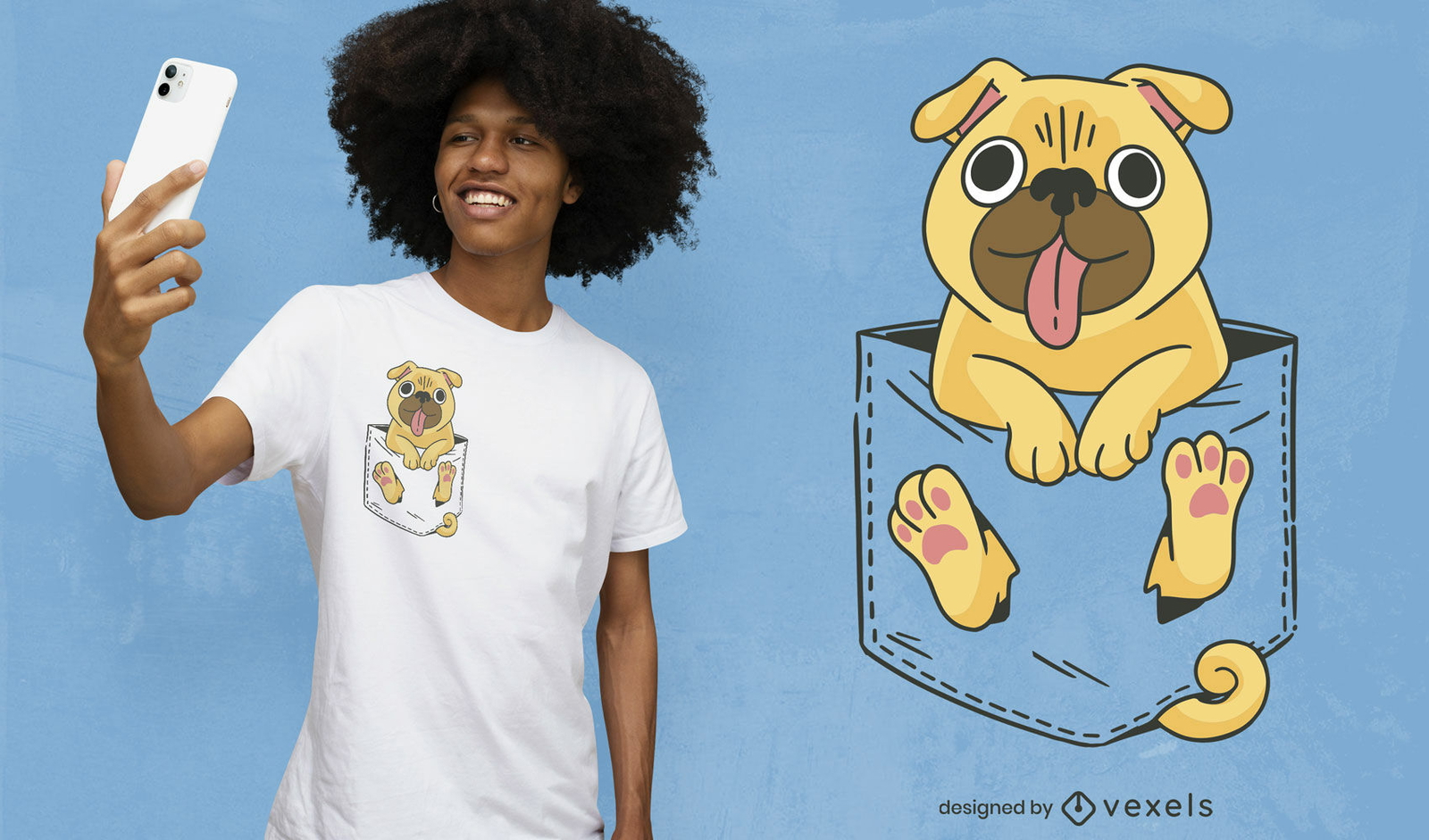 Pug en diseño de camiseta de bolsillo