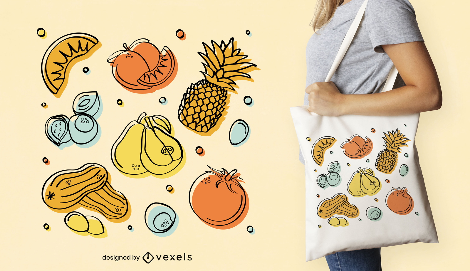 Diseño de bolso tote de verduras y frutas.