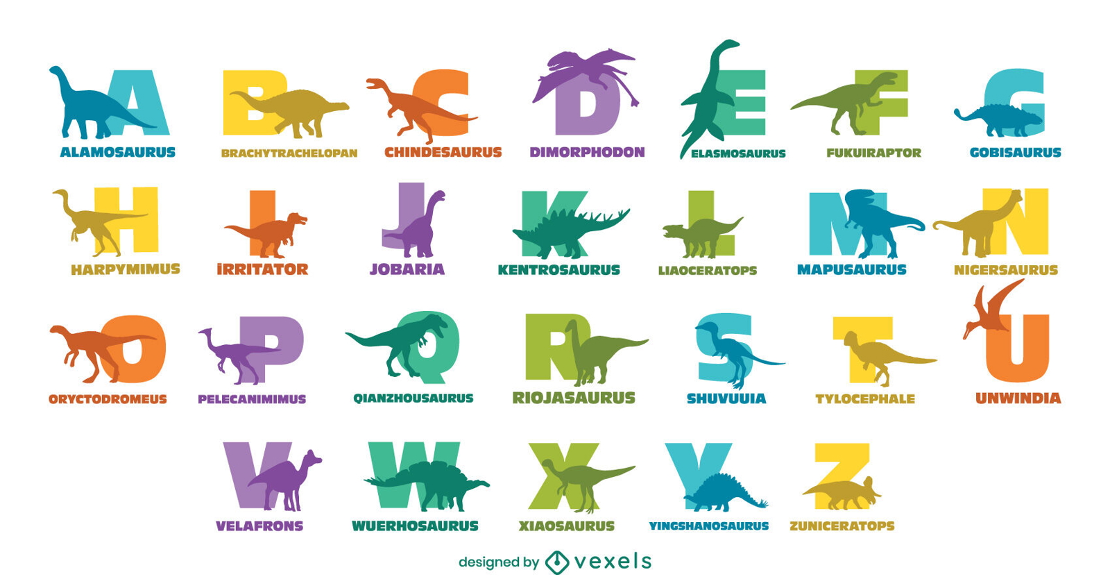 Conjunto de alfabeto de nomes de animais de dinossauros
