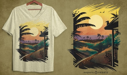 Projeto de t-shirt psd com paisagem tropical de praia e pôr do sol