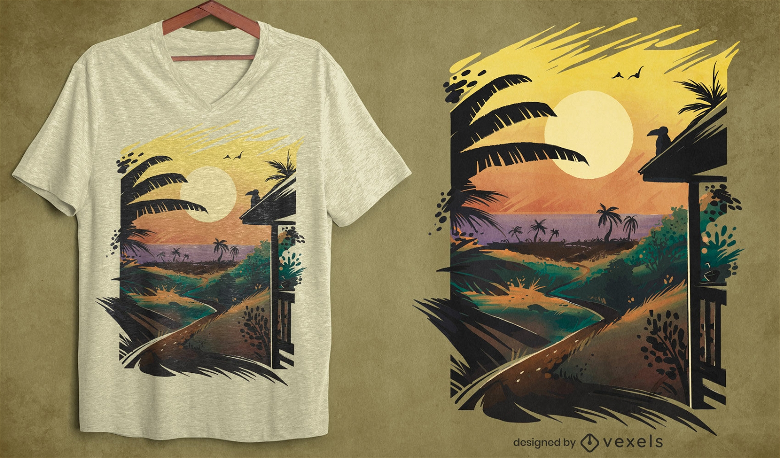 Tropical beach landscape sunset psd t-shirt design