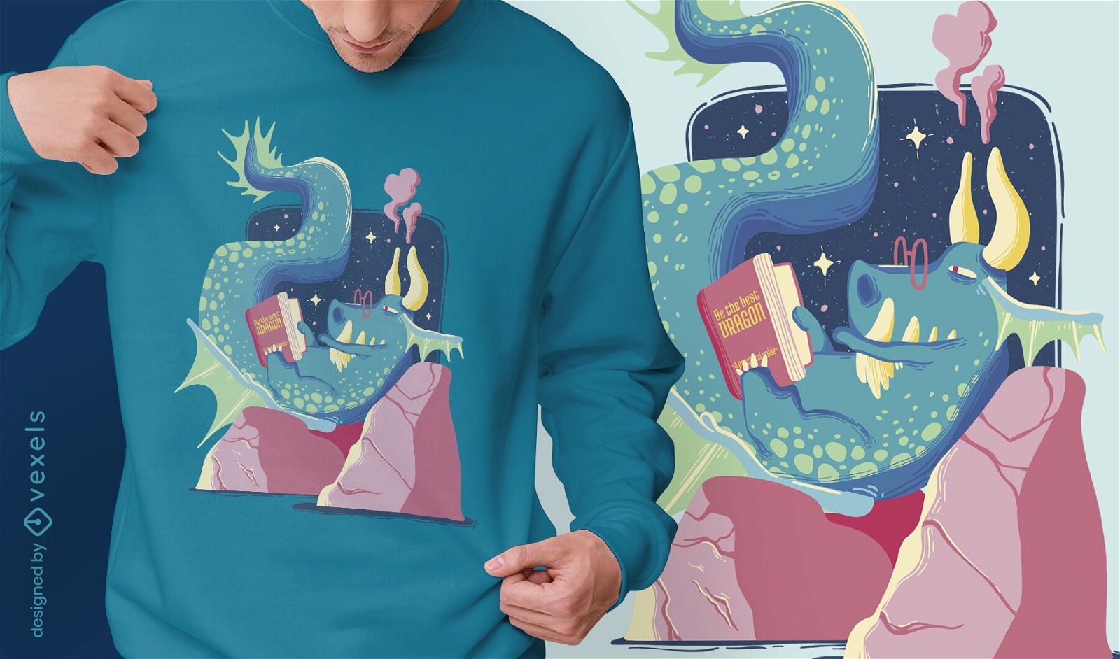 Design de camiseta com leitura de dragão de conto de fadas