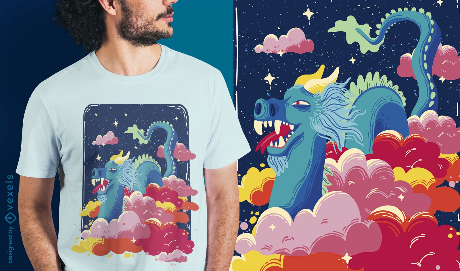 Design de t-shirt com dragão de conto de fadas nas nuvens