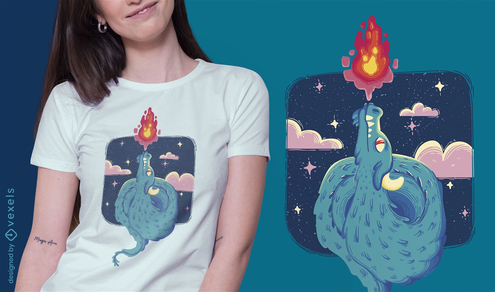 Design de t-shirt com dragão de fogo de conto de fadas