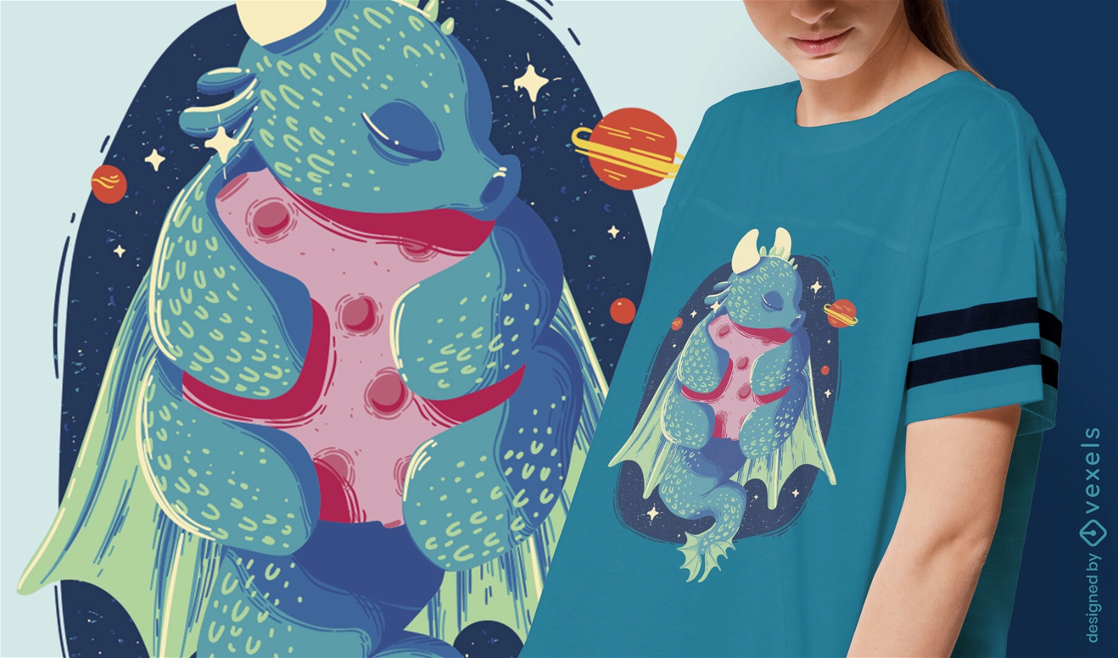 Diseño de camiseta de dragón de cuento de hadas abrazando planeta