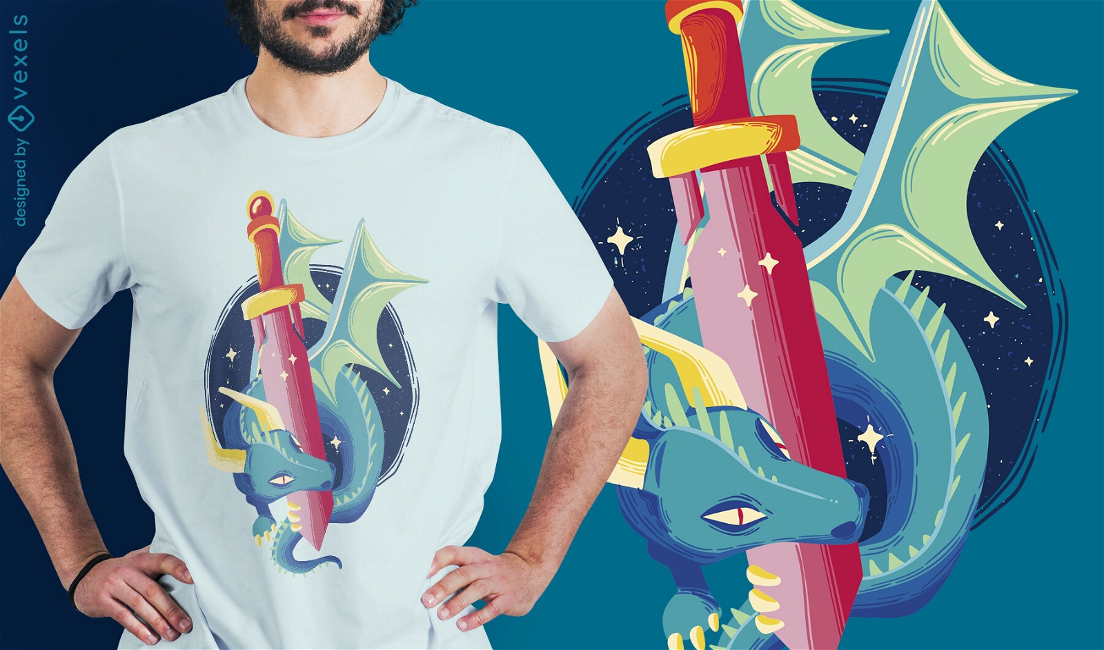 Dragão de conto de fadas com design de camiseta de espada