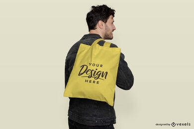 Gelbe Einkaufstasche mit flachem Hintergrund Mann Mockup