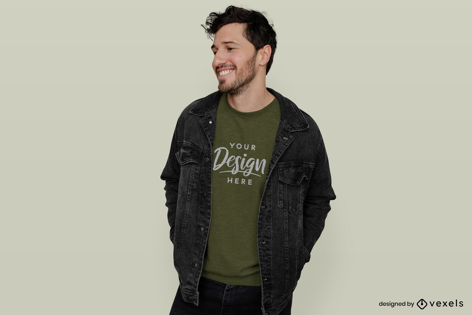 Man in green sweatshirt and jacket mockup