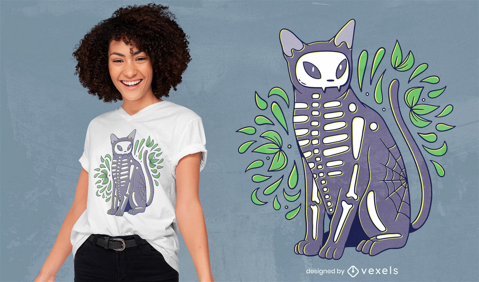 Desenho de t-shirt do Dia das Bruxas com esqueleto de gato