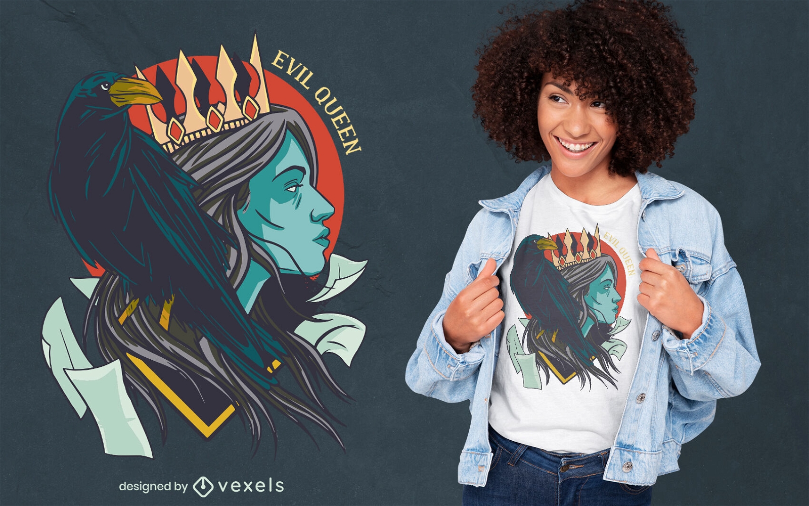 Rainha do mal com desenho de camiseta com ilustração de corvo