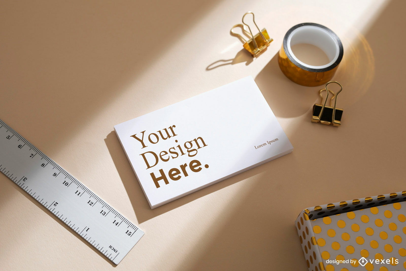 Warm tones business card mockup table