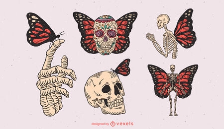 Conjunto de traços coloridos de esqueletos e borboletas