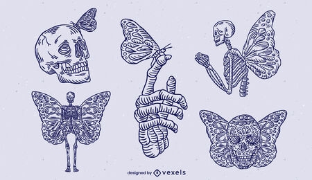 Conjunto de traços de esqueletos e borboletas