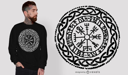 Diseño de camiseta de brújula y runas vikingas.