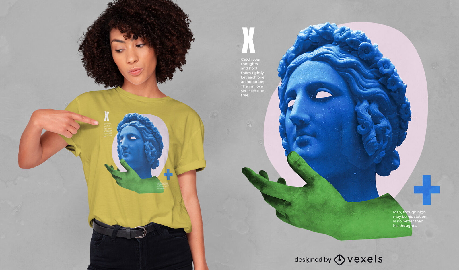 Estatua psicodélica y diseño de camiseta psd de mano.