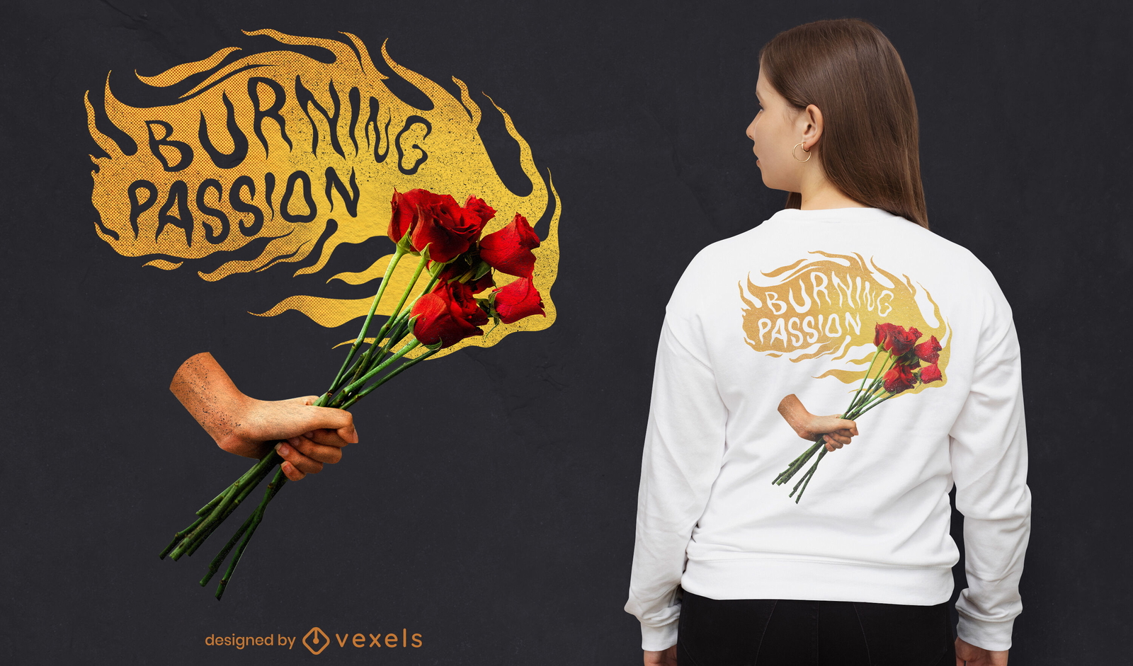 Diseño de camiseta psd de flores ardientes de pasión