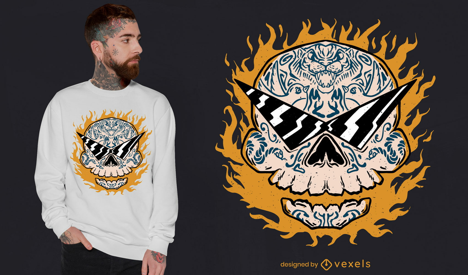 Diseño de camiseta de calavera con tatuaje de tigre