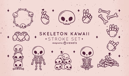 Conjunto de trazos kawaii de esqueleto y calaveras