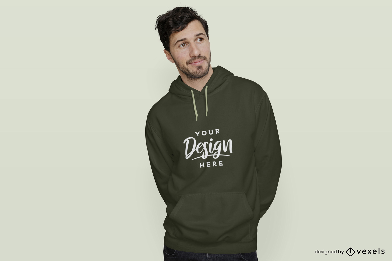 Mann im flachen Hintergrundmodell des dunkelgrünen Hoodies