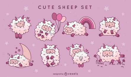 Cute sheep farm animals character set