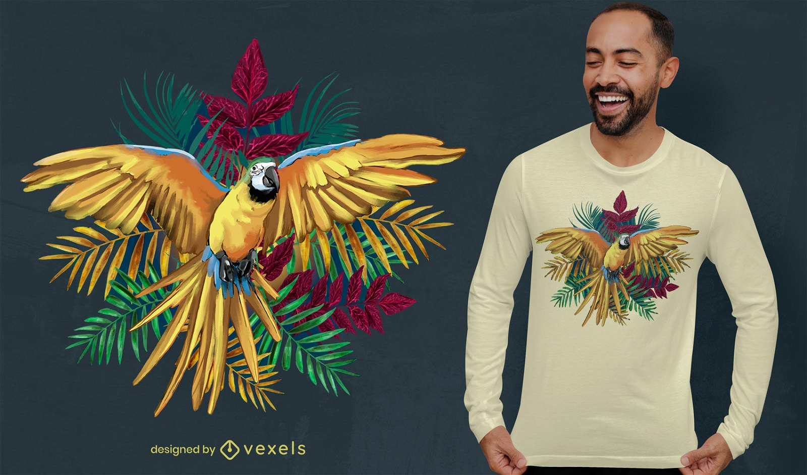 Papagaio realista com design de camiseta da selva psd
