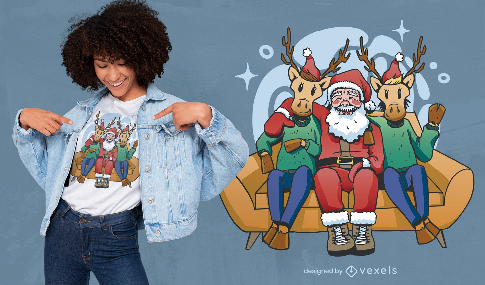 Papá noel y renos en diseño de camiseta de sofá.