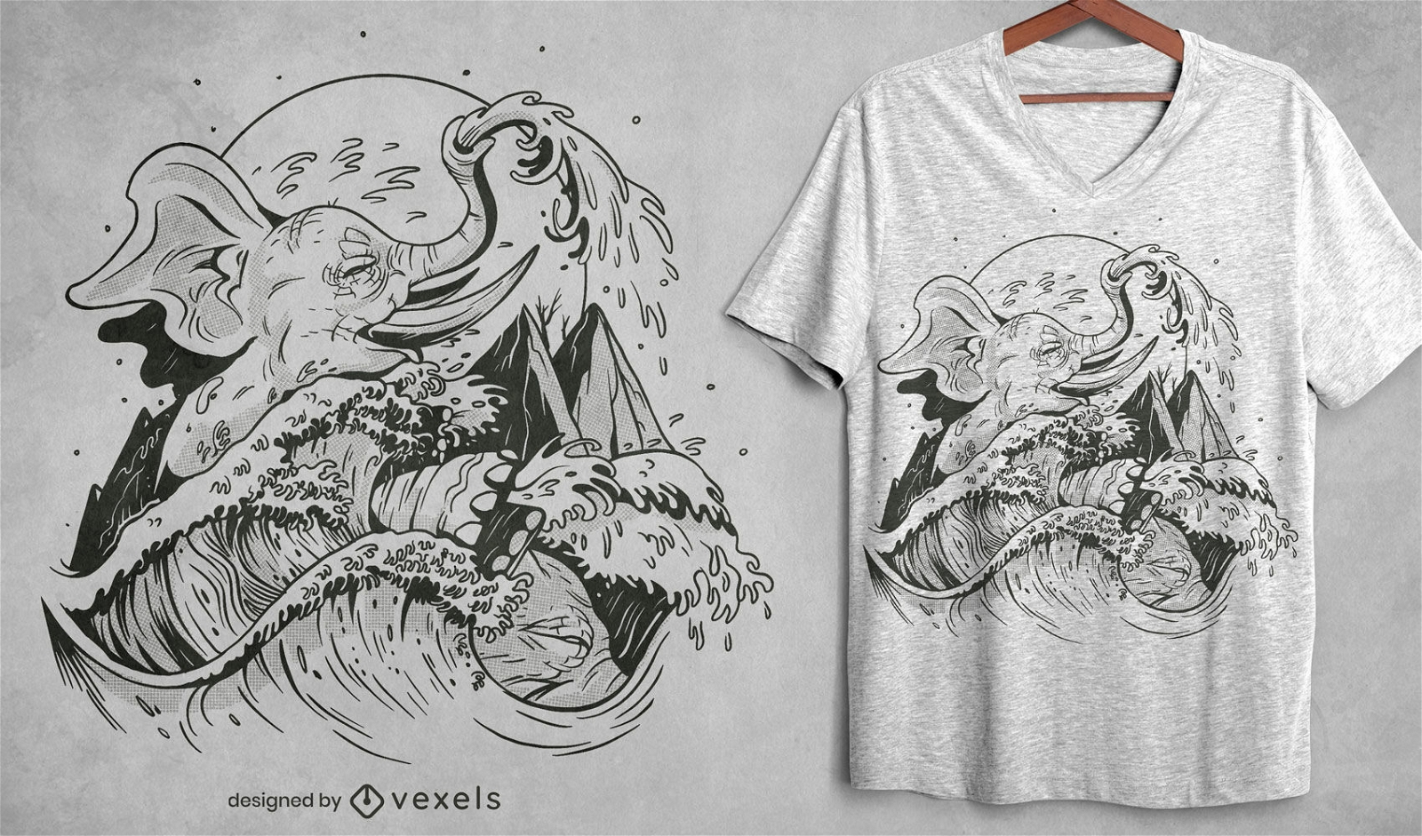 Desenho de t-shirt desenhado a m?o de elefante e onda