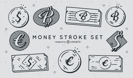 Coins and bills currency stroke set