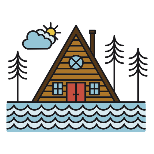 Wooden cabin color stroke river PNG Design