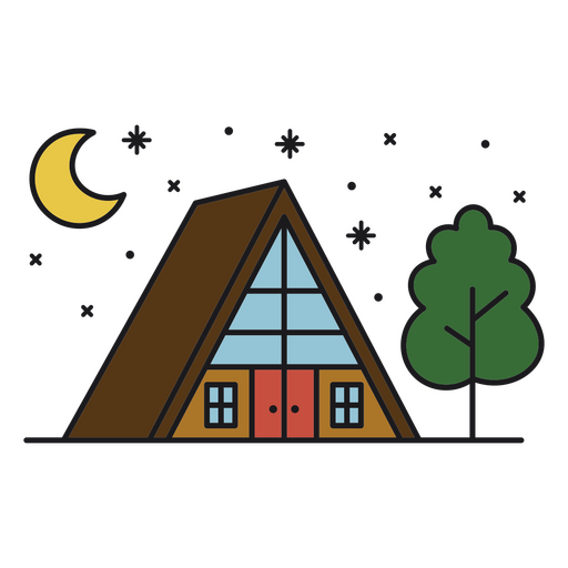 Wooden cabin color stroke night PNG Design