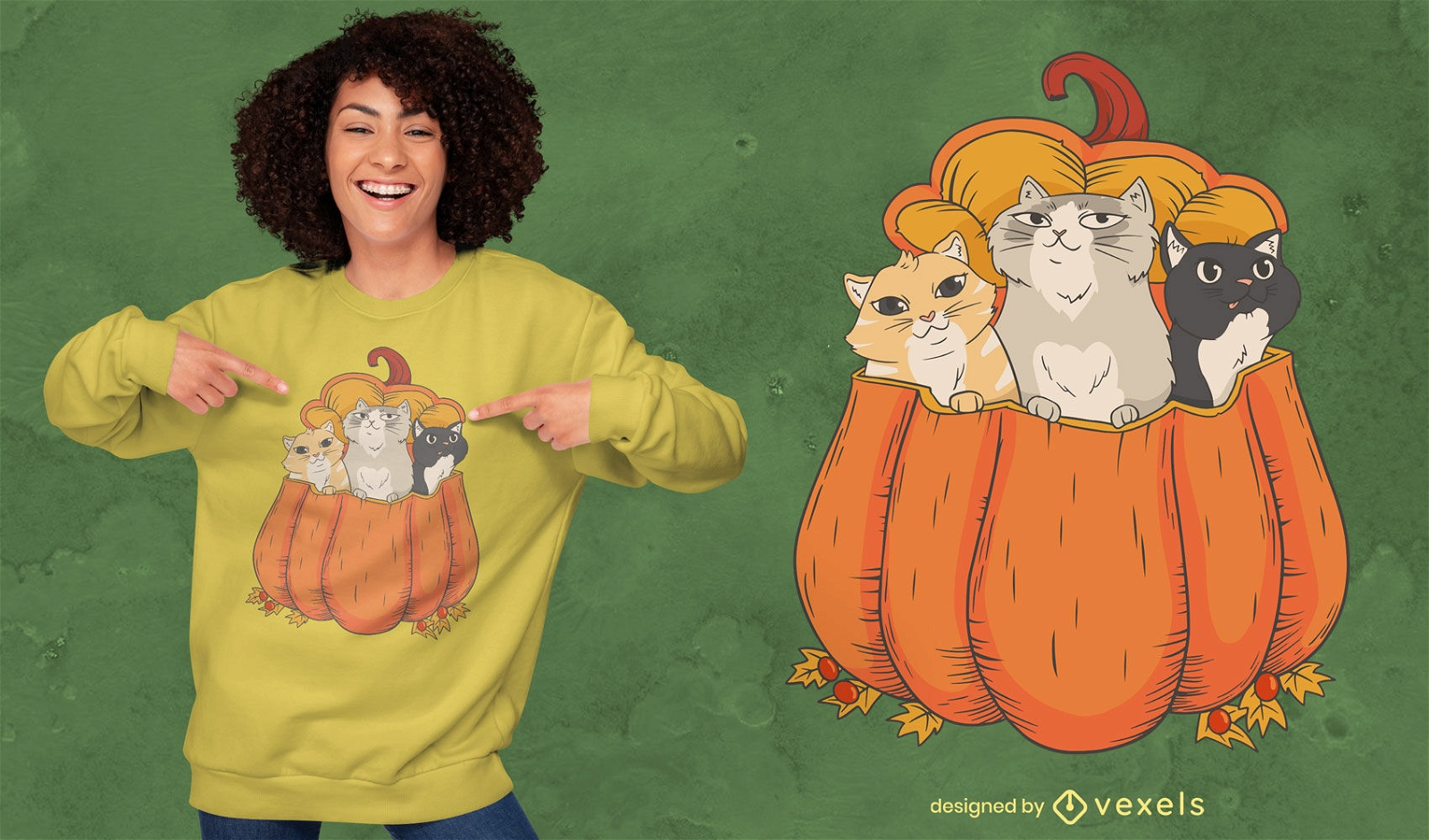Gatos en diseño de camiseta de ilustración de calabaza
