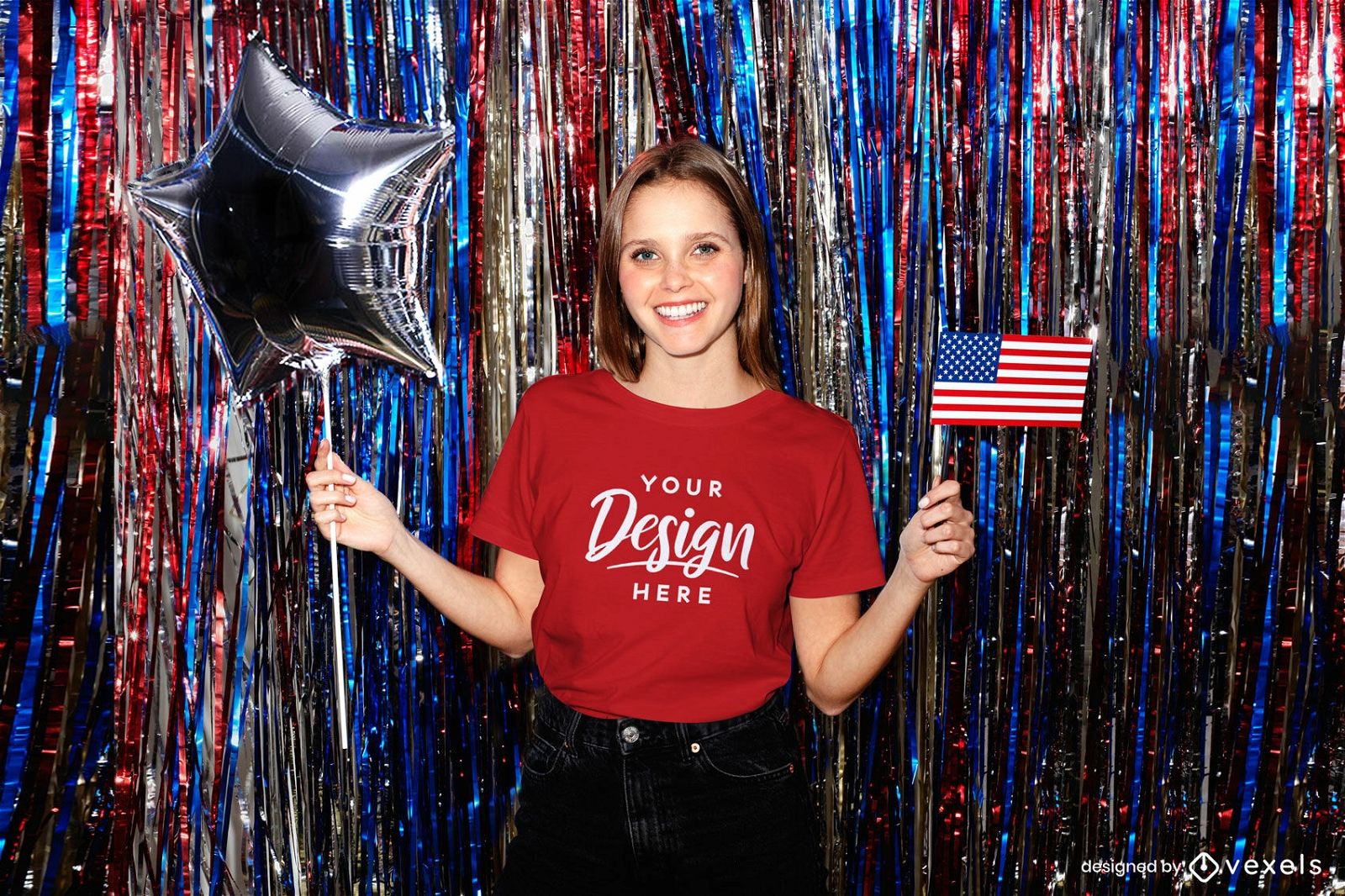 Red t-shirt girl mockup with american flag party