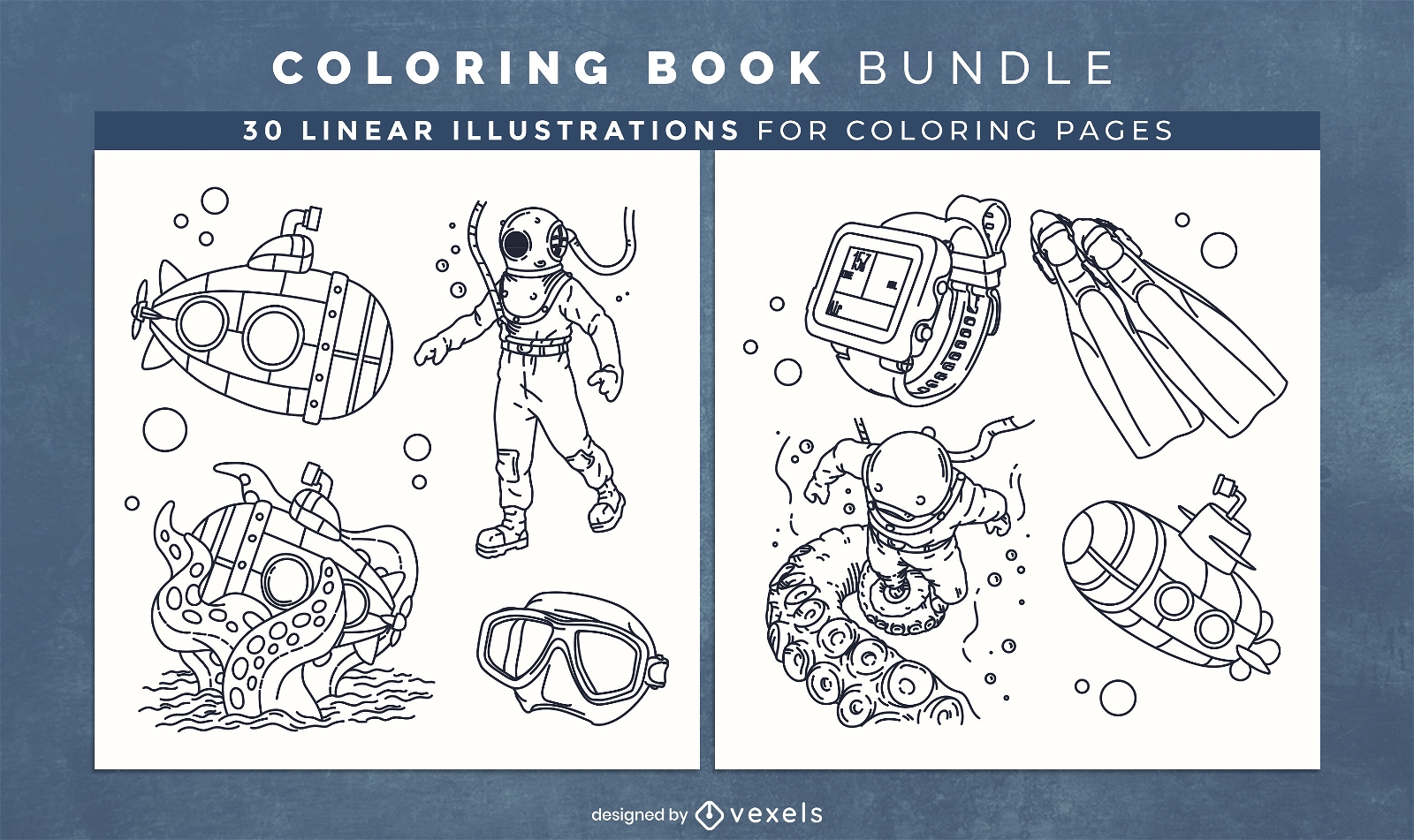 Scuba diving coloring book design pages