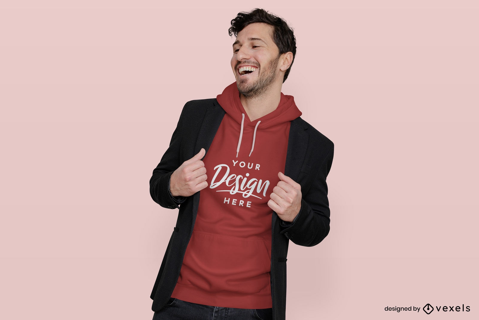 Man in red hoodie and jacket flat background mockup