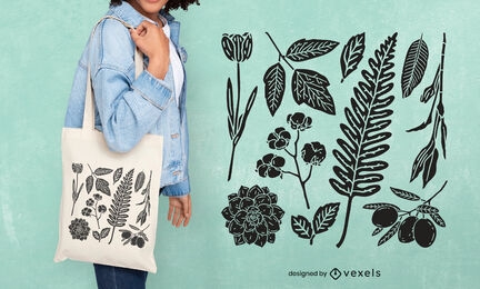 Folhas e flores recortadas com design de sacola