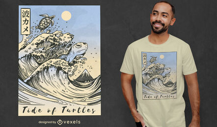 Design de t-shirt japonesa com ondas de tartaruga