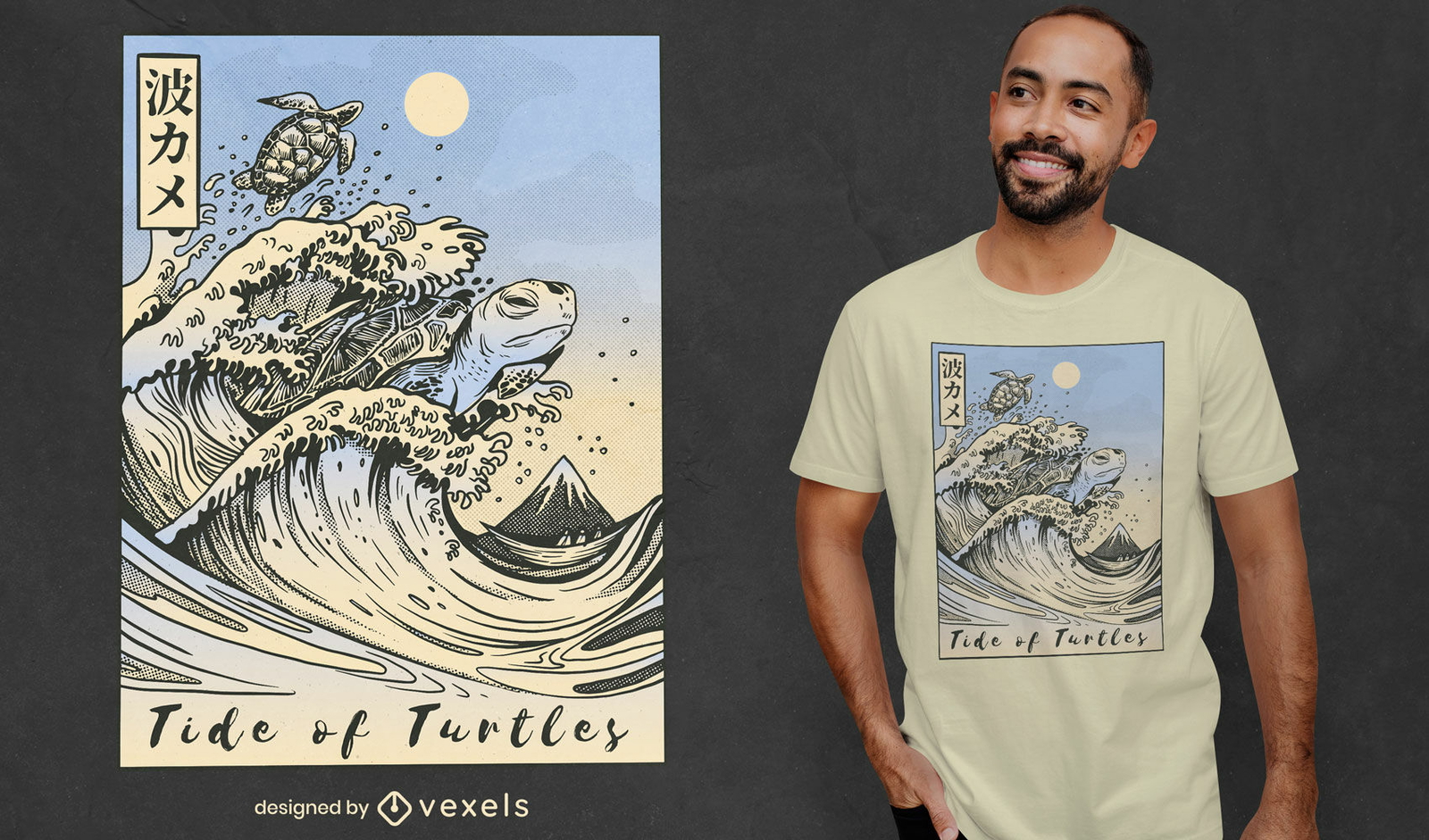 Diseño de camiseta de mar de olas de tortuga japonesa