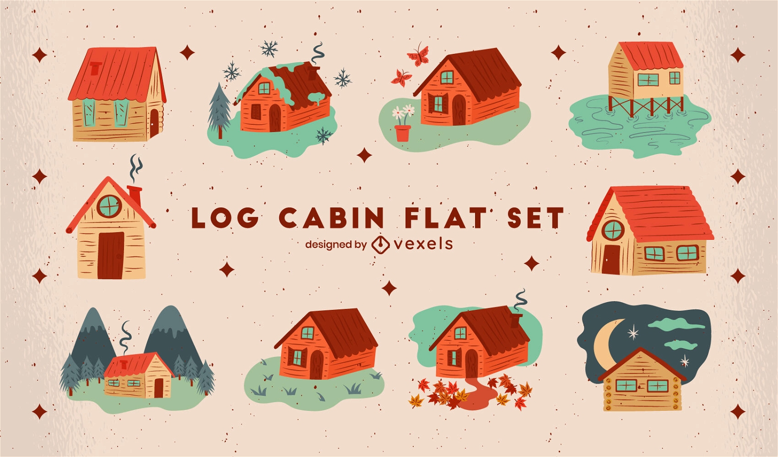 Conjunto plano de camping de casas de cabana de madeira