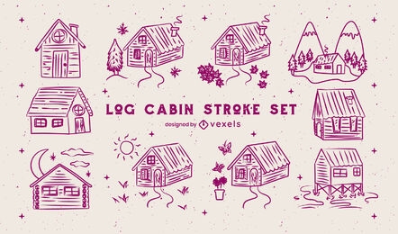 Wooden cabin houses camping stroke set