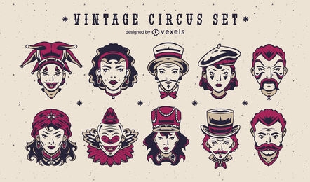 Conjunto de personagens vintage de circo e carnaval