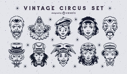 Conjunto de personagens vintage de artistas de circo