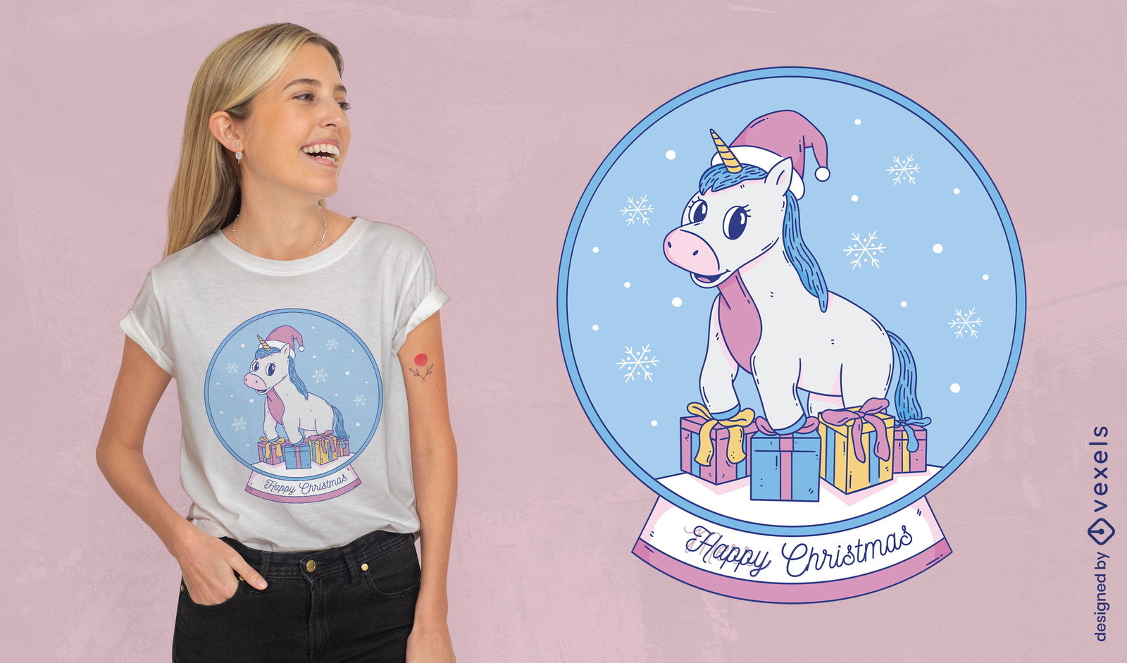 Design de camiseta de unicórnio de cúpula de natal