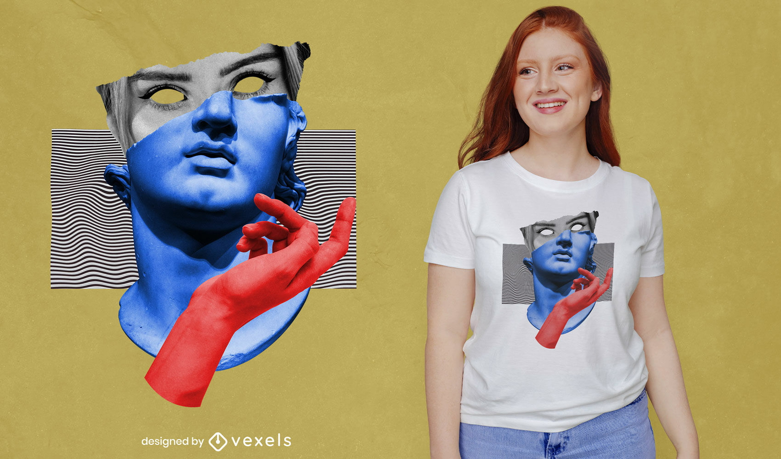 Design de t-shirt psd estátua de arte em vaporwave com colagem