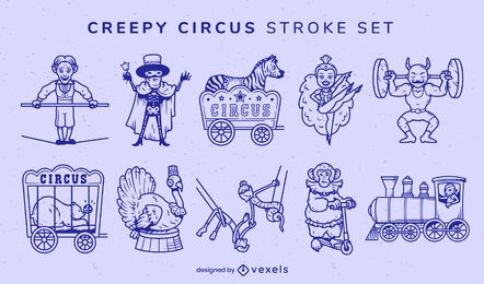 Circus performers creepy characters stroke set