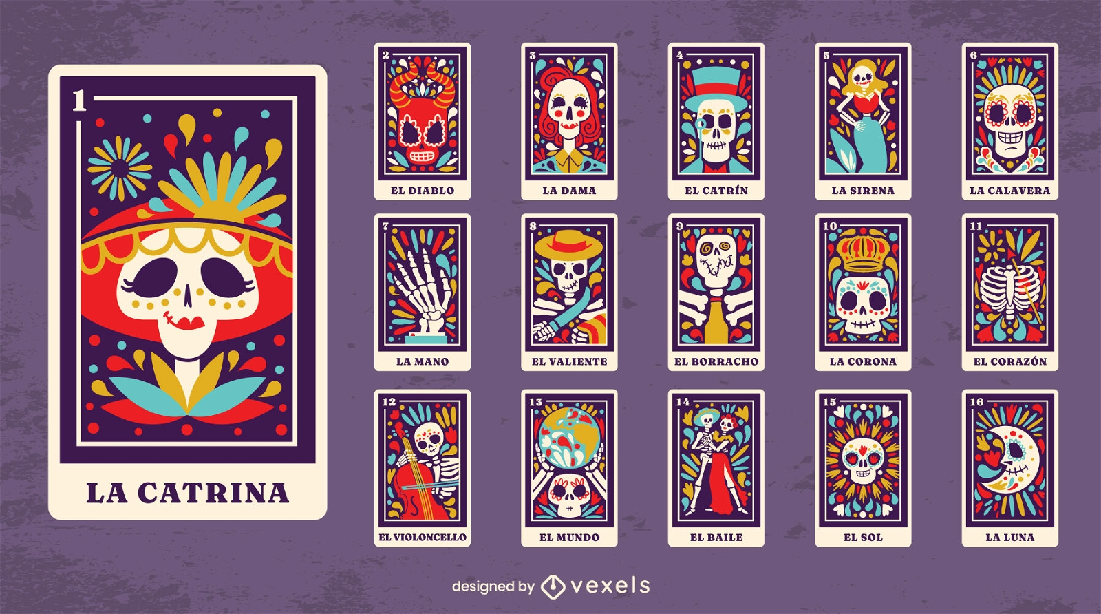 Coleção plana de cartas de loteria mexicana