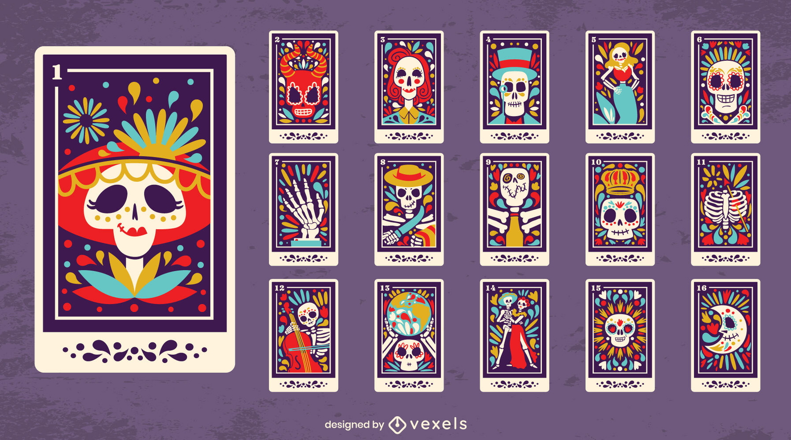 Colección plana de cartas de lotería mexicana