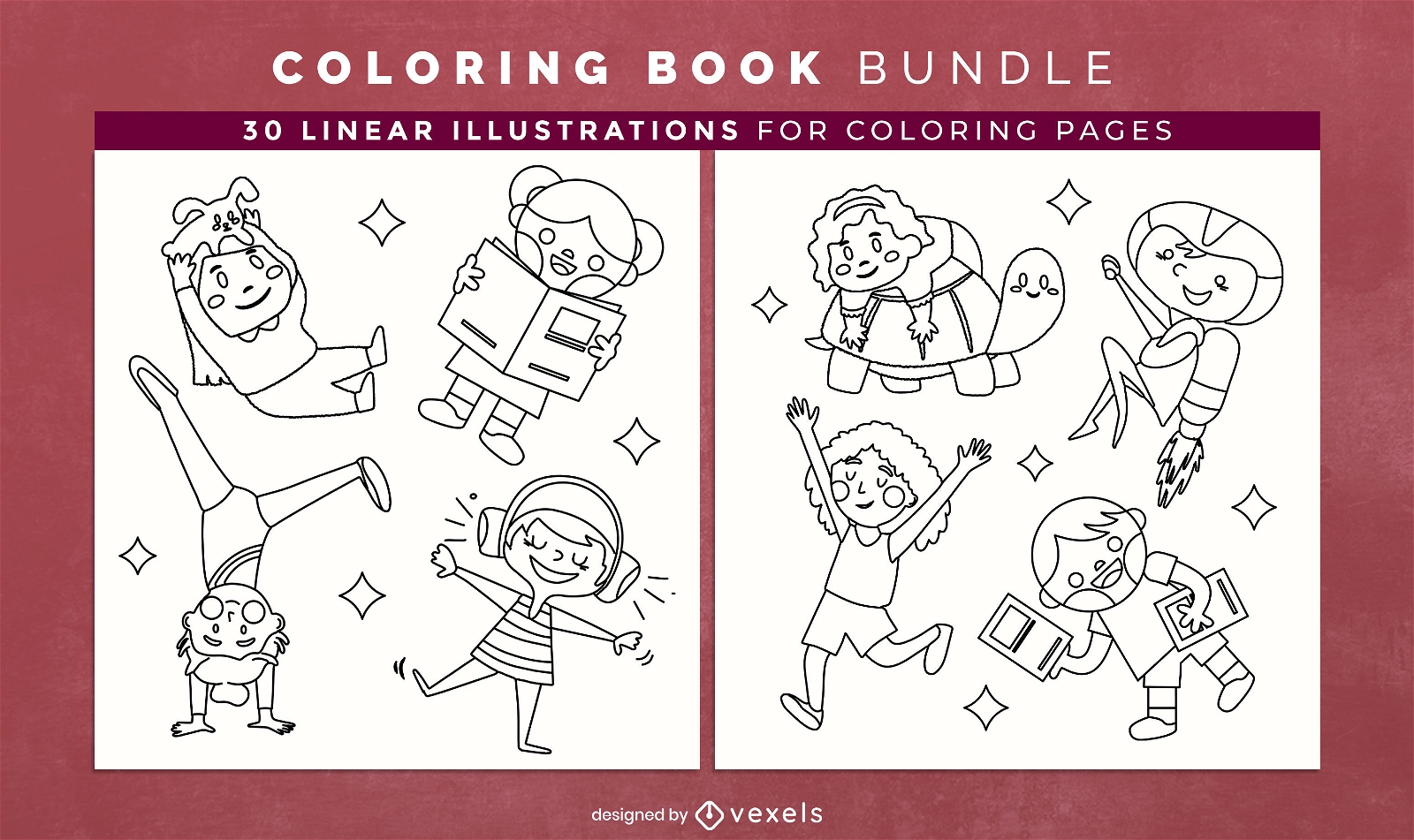 Children playing coloring book pages design