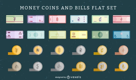Conjunto de billetes y monedas de dinero en moneda
