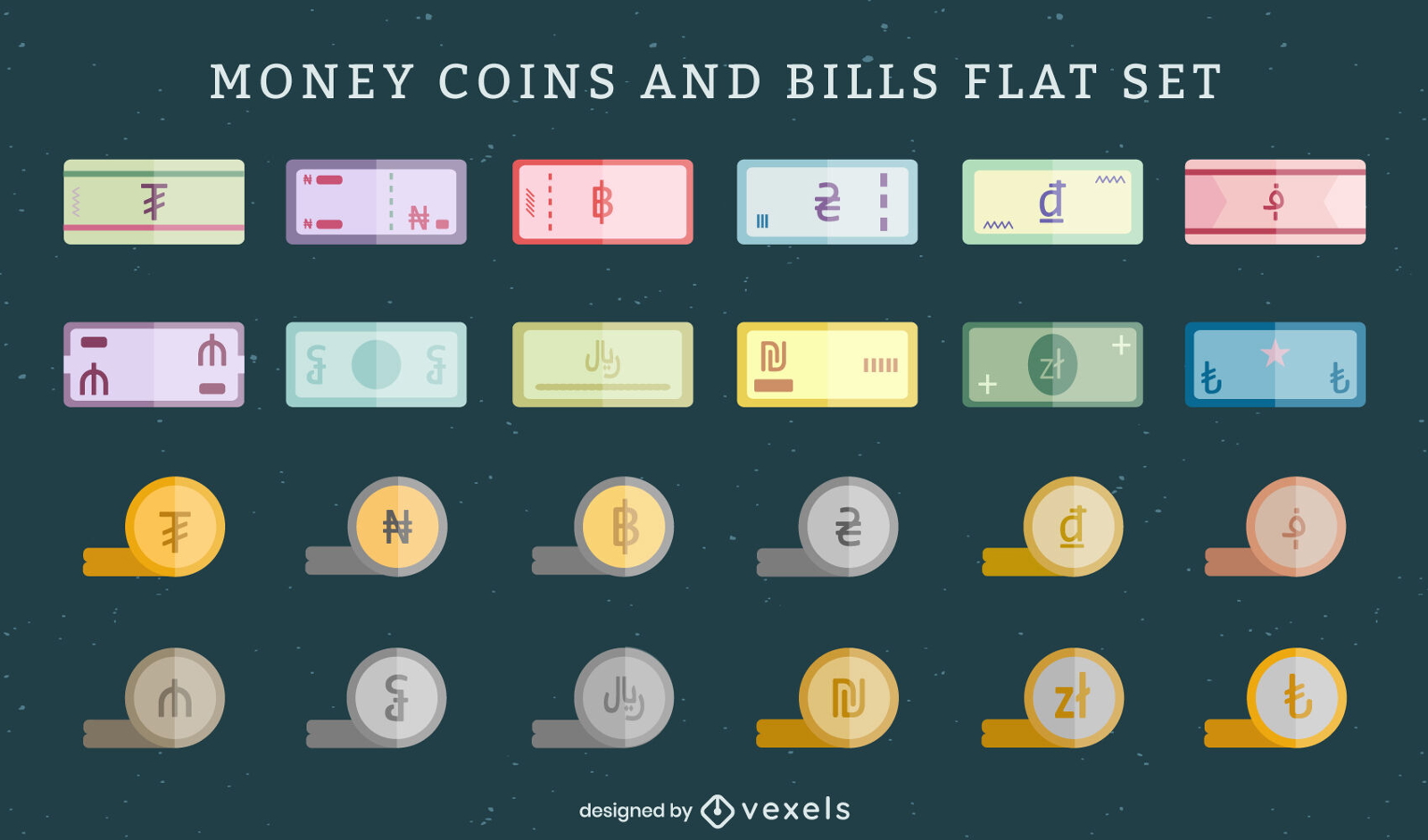 Conjunto de moedas e notas de dinheiro