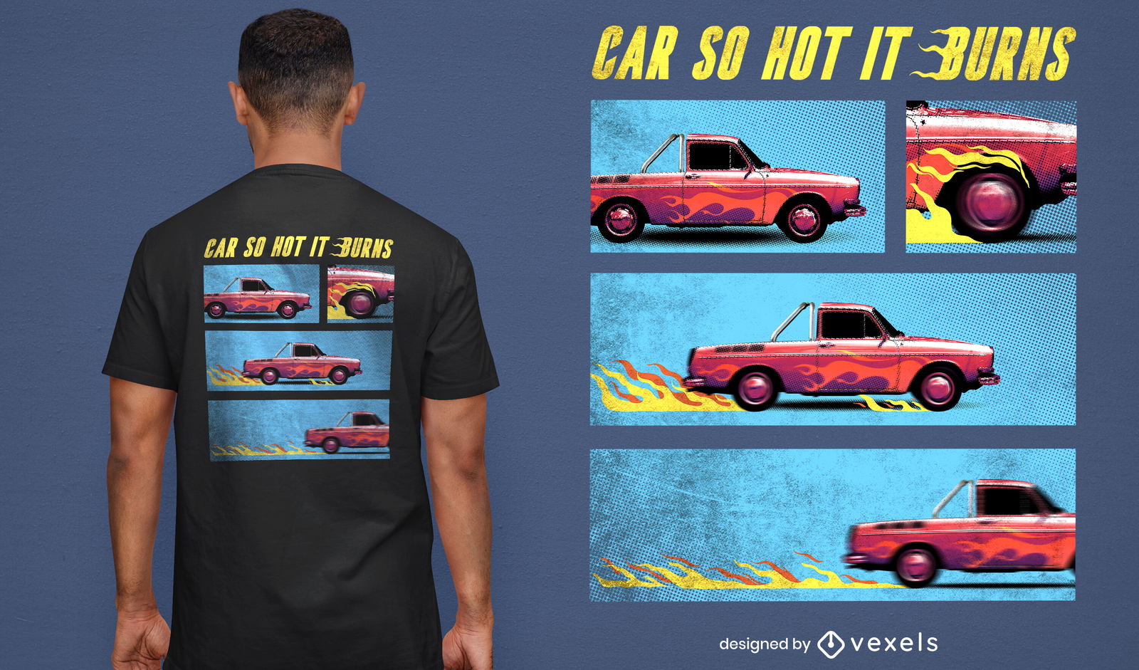 Diseño de camiseta psd de coche vintage en llamas